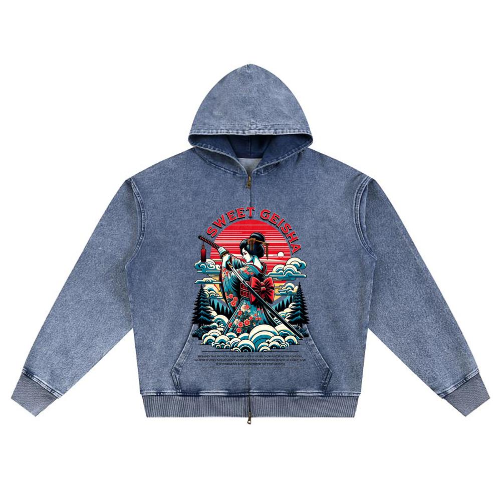 DTG Print Knitted Denim Zip-Up Hoodie Sweet Geisha Brother Print Zipper Hoodies  