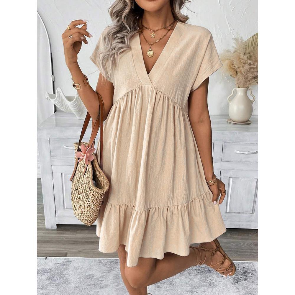 Summer Womens Short Sleeve Cotton Linen Mini Dress Ladies Pleated Ruffle Solid Dresses Casual V Neck Vintage Loose Vestidos