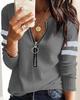 Damenmode, einfarbig, V-Ausschnitt, Reißverschluss, lässig, lange Ärmel, Basic-Top, Bluse in Übergröße