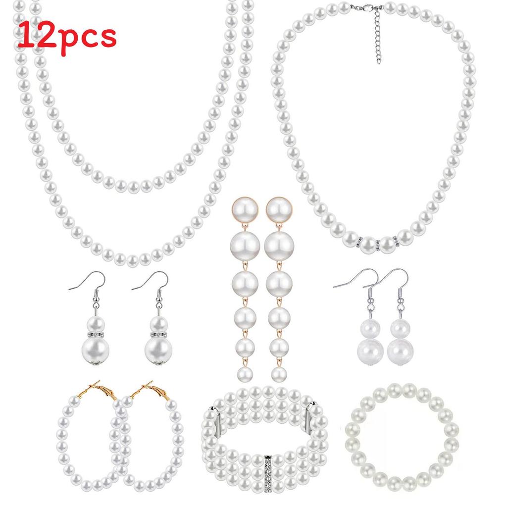 Vintage European Pearl Necklace Set With Geometric Water Drill Pendant For Women Summer