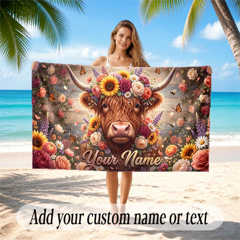 Highland Cow Theme Quick Dry Beach Towel Custom Name Text Print Large Sand Resistant Towel Beach Vacation