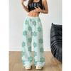 Fresh Mint Green Easy Large Floral Print Women's Casual Wide Leg Pants, Light Green Drawstring High Waist
