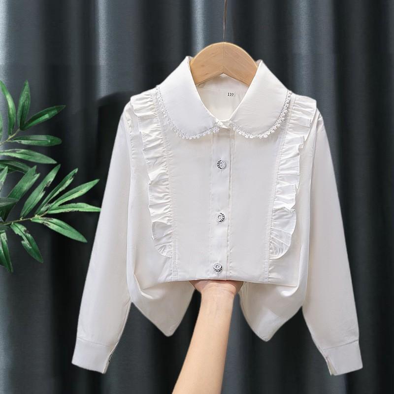 Girls Ruffled Collar Long Sleeve White Blouse Kids Elegant Lapel Button Down Shirt