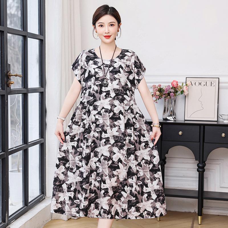 New cotton and silk dress summer large size loose fat mother covering belly and looking thin casual floral long skirt
