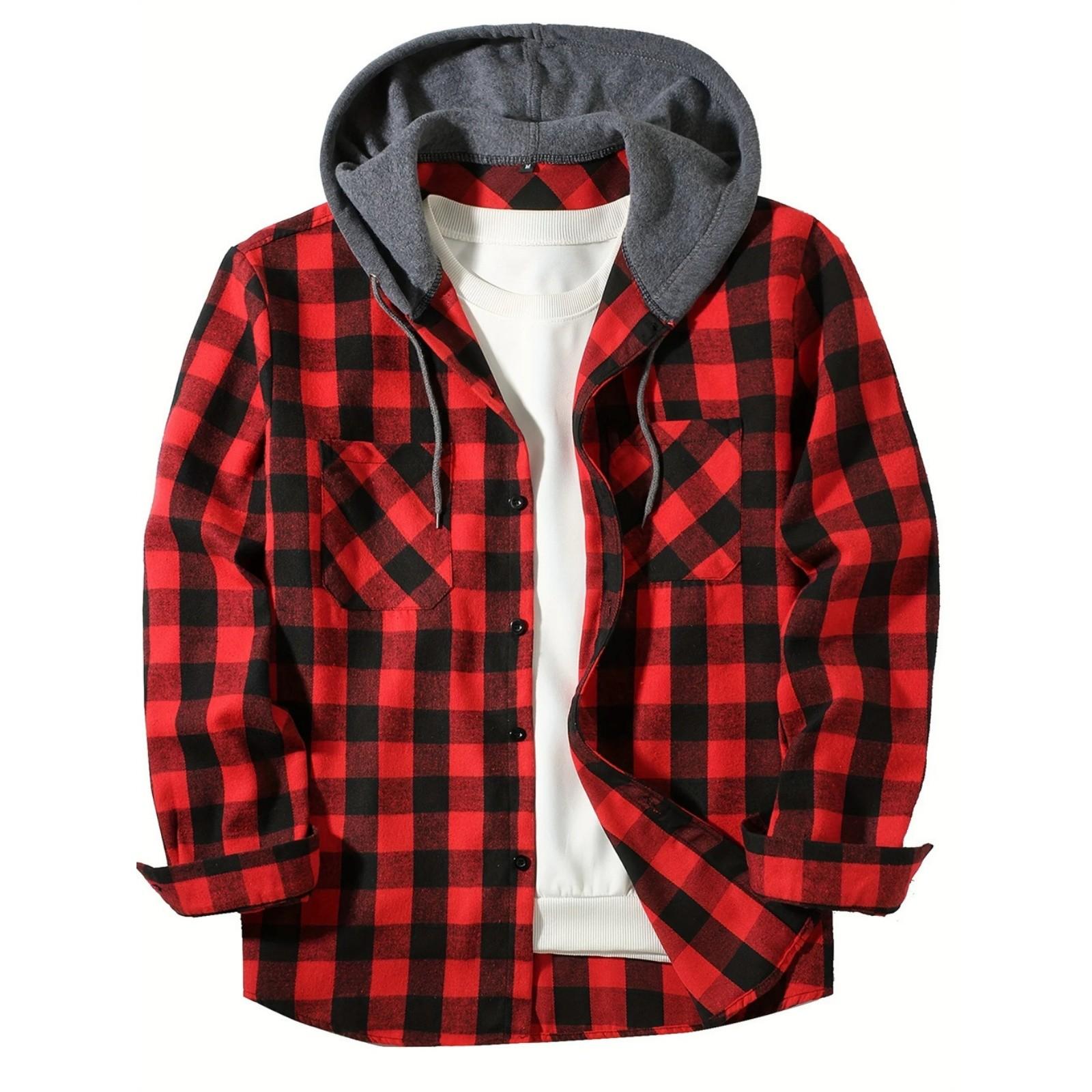 Men s Casual Long-Sleeve Loose-Fit Hooded Plaid Pocketed Shirt M красный