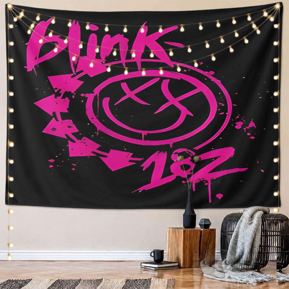 Pink Blink-182 Logo on Black Background Pattern Wall Hanging Tapestry Decorative Tapestry Home Decor for Bedroom and Living Room