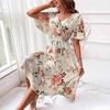 Floral Print A Line Dress for Women V Neck Short Sleeve Elastic Waist