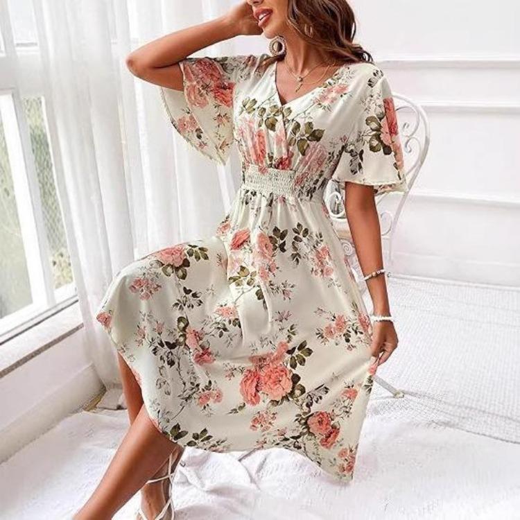 Floral Print A Line Dress for Women V Neck Short Sleeve Elastic Waist