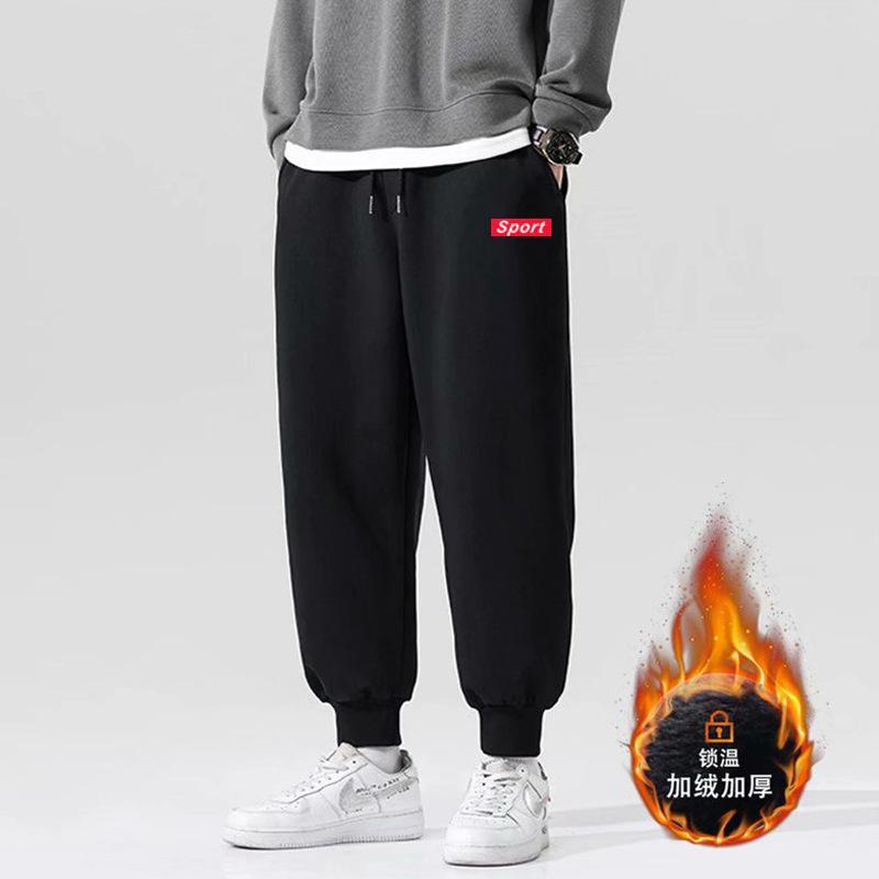 Casual sweatpants men's autumn and winter new large size tied feet thickened trendy printed velvet pants