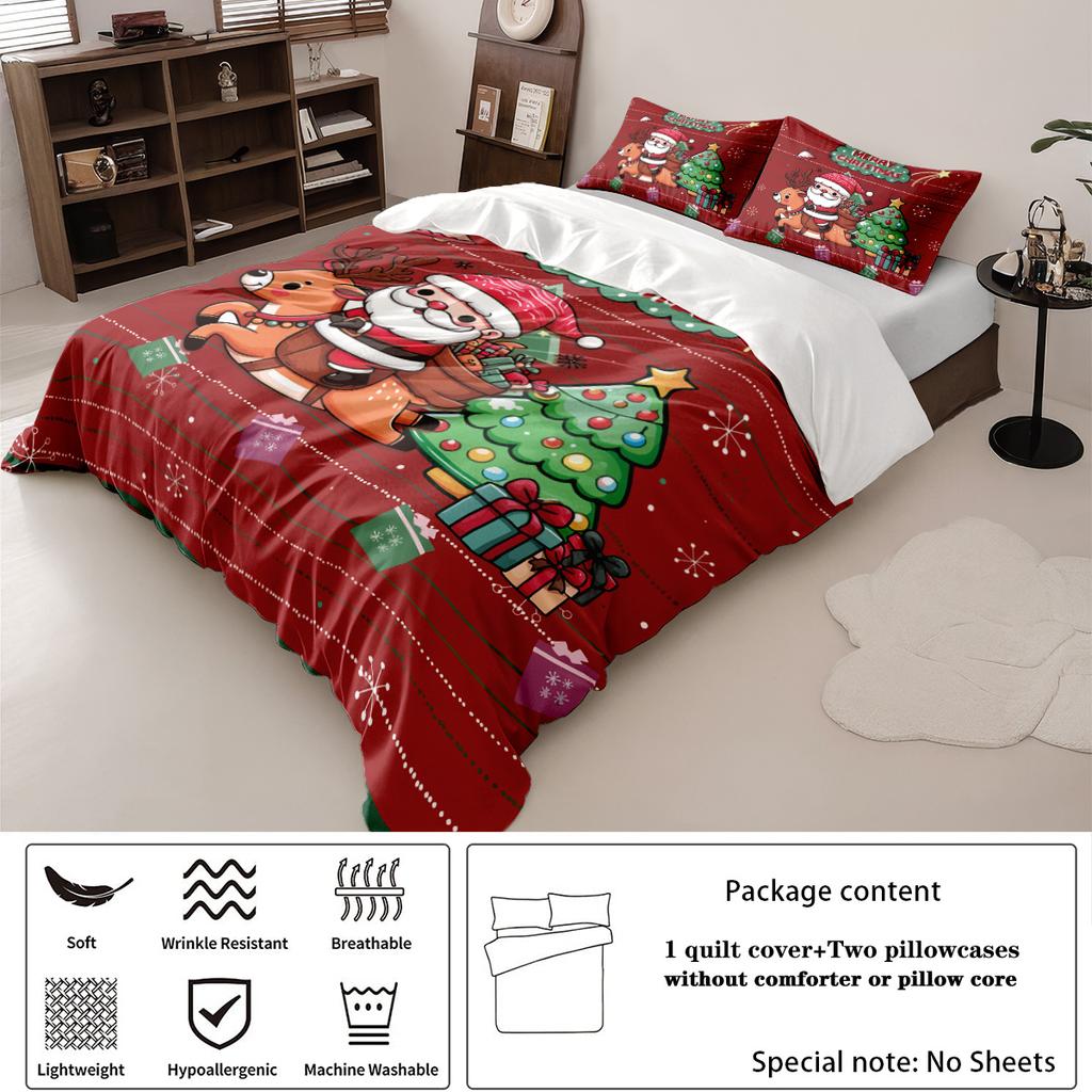 3-teiliges Bettbezug-Set ohne Chips mit Cartoon-Weihnachtsmann-Druck, Mehrere Größen für Schlafsaal-Schlafzimmer, Weich und bequem, Maschinenwaschbar