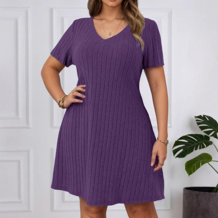 Spring Summer Plus Size Women V Neck Ribbed Short Sleeve Pullover Dress Solid Color New
