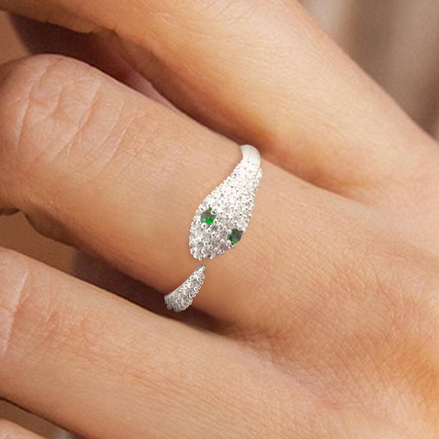 Silvery Plated Snake-Shaped Synthetic Cubic Zirconia Open Ring for Women Trendy Stackable Jewelry Gift