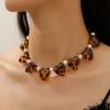 Retro Fashion Maillard Leopard Print Resin Heart Shaped Imitation Pearl Necklace Pendant Clavicle Chain