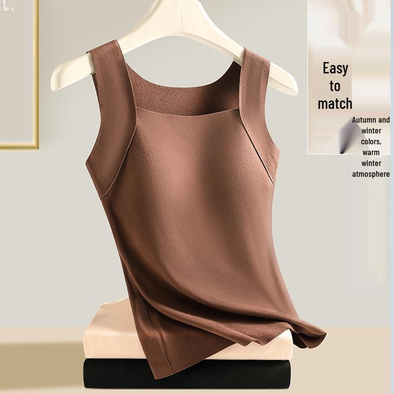 Women's Seamless Square Neck Thermal Vest with Chest Pads - Plus Velvet Warm Base Layer for Autumn and Winter