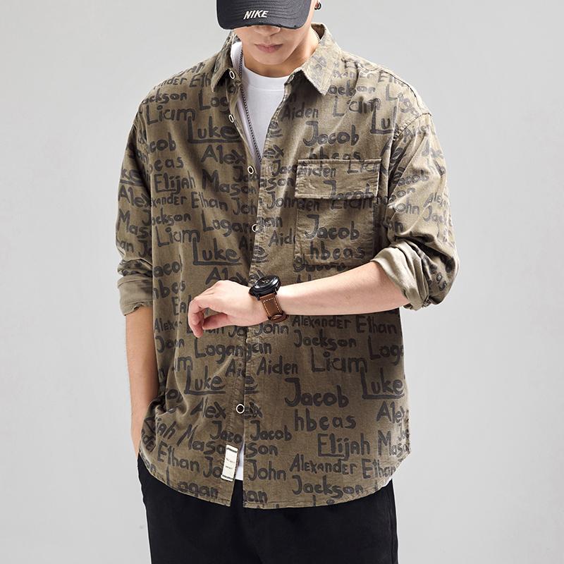 Vintage Printed Cargo Pocket Long Sleeve Shirt for Men, Spring and Autumn, Plus Size, Casual Loose Fit, Full Letter Print Shirt Jacket Trend