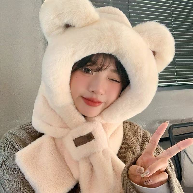 

Шарф и шапка цельные теплые плюшевые толстые искусственный кроличий мех милая шапка с защитой ушей ветрозащитный снуд M белый