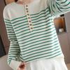 Autumn and Winter New Striped Crew Neck Buckle Women's Long-sleeved Knitted Sweater Top Contrasting Color Strip Pullover Bottoming Shirt