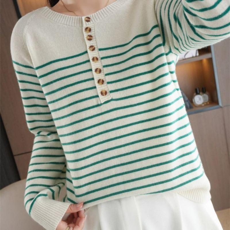 Autumn and Winter New Striped Crew Neck Buckle Women's Long-sleeved Knitted Sweater Top Contrasting Color Strip Pullover Bottoming Shirt
