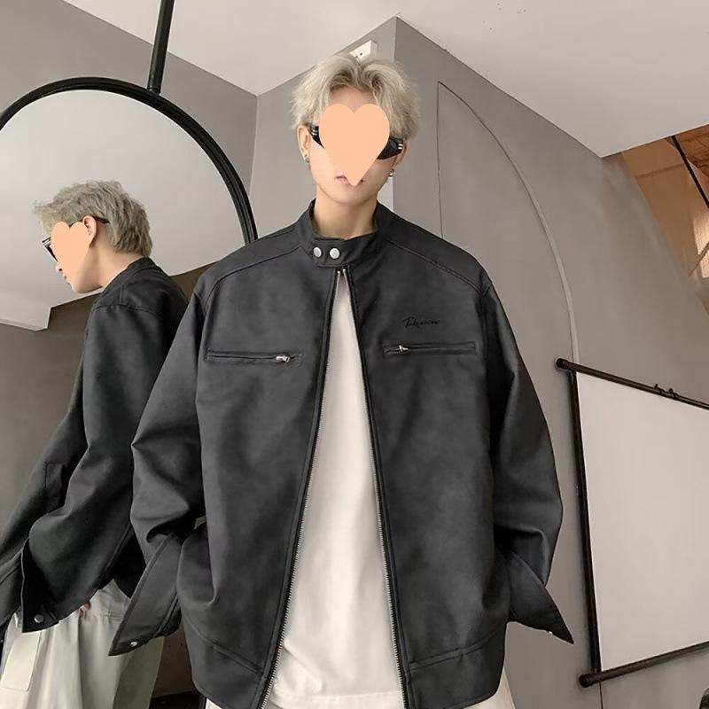 Mantel Herren Frühling und Herbst Neue Amerikanische Retro Jacke Locker Lederjacke Reißverschluss