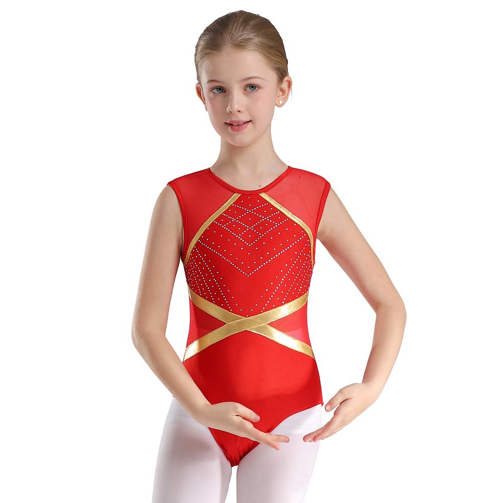 Kids Girls Gymnastics Outfit Keyhole Back Patchwork Sleeveless Glittery Rhinestones Leotard with V-front Waistband Shorts Hair Tie Headwear