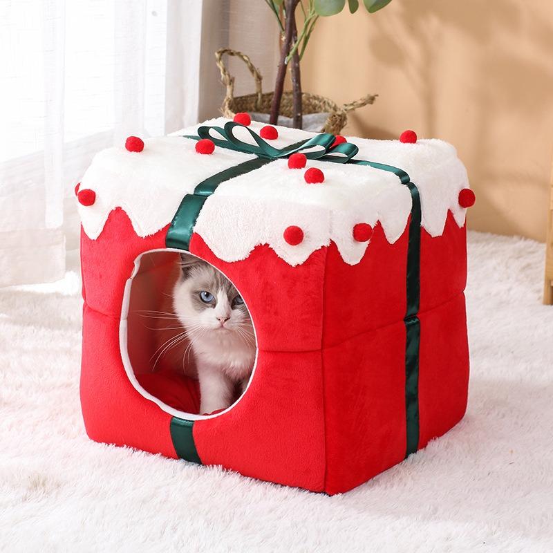 NEW Pet Bed House Winter New Arrival Thickened Fleece Warm Semi-Enclosed Christmas Cat Cage for Cats Dogs