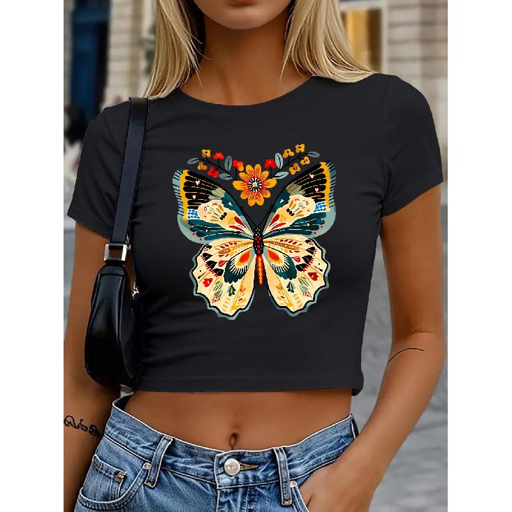 Women's round-neck short top T Shirt | Ethnic-style painted butterfly and floral combination print | High-waisted, cropped, tight-fitting, slim-fit