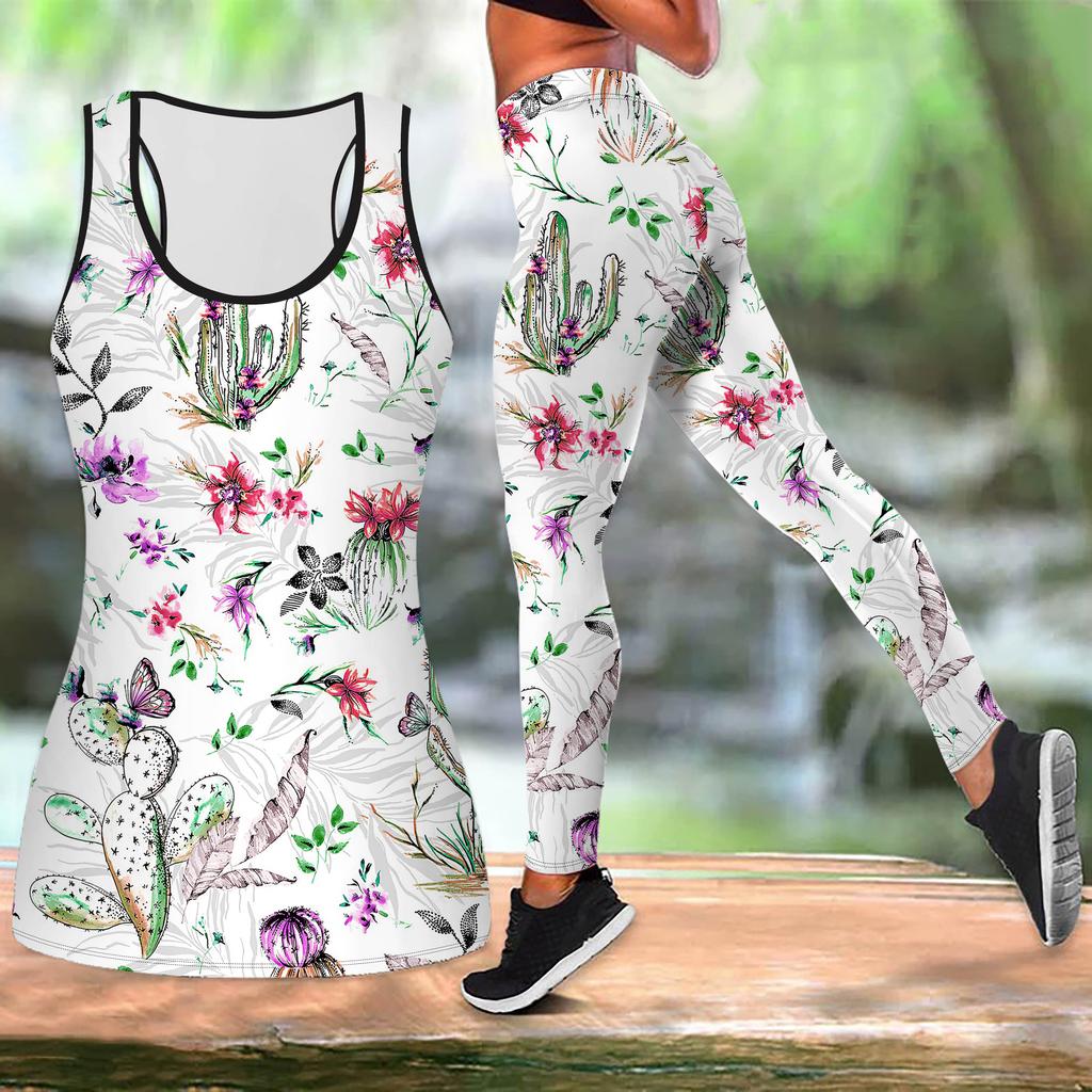 Suya Flower Print Yoga Outfit for Women Fashion Workout Leggings Fitness Sports Casual Yoga Set Sports Suit