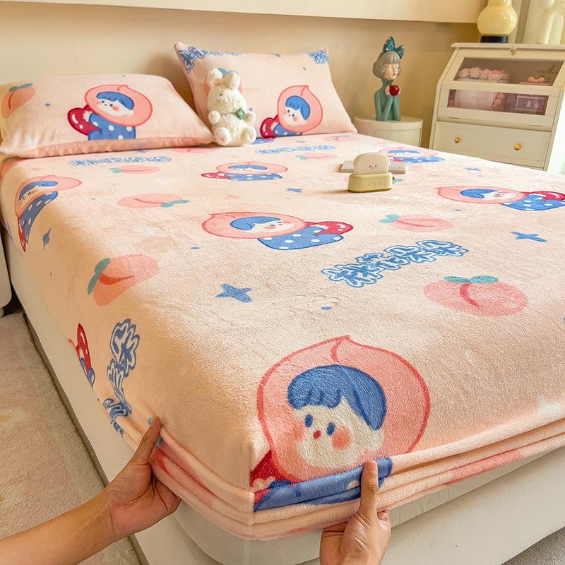 Winter Warm Flannel Fleece Bed Sheet Cartoon Flower Printed Thick Bed Sheets for Winter Single/Queen/King Soft Plush Bed Sheet