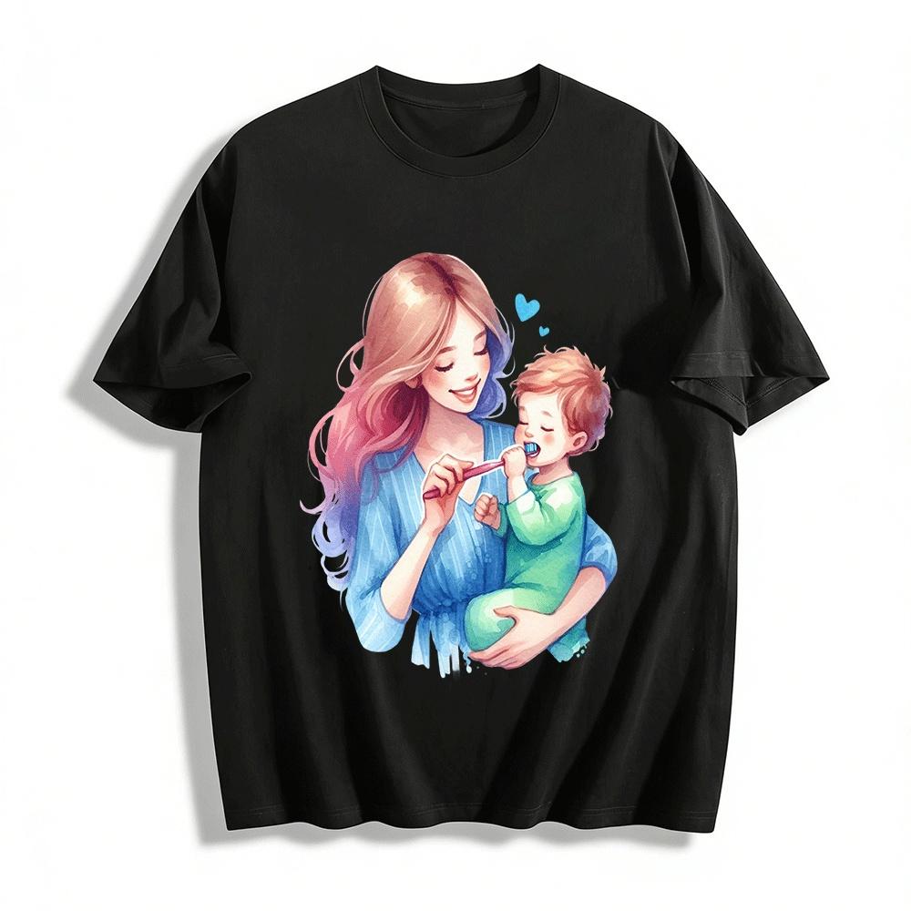 Warm Parent-child Tooth-brushing Print Casual T-shirt For Family Pure cotton T-shirt XXS