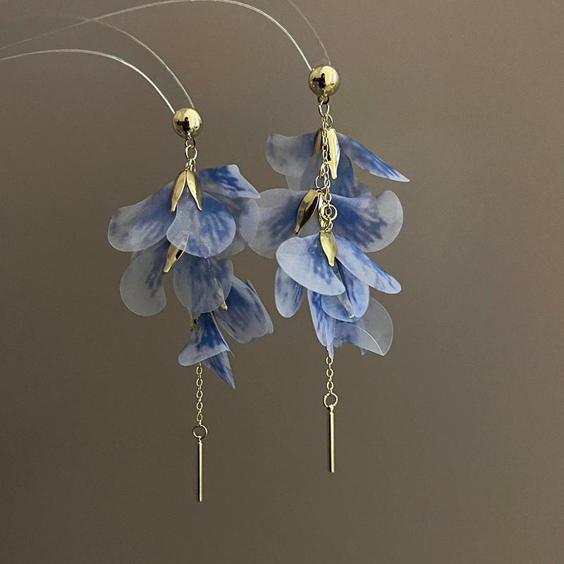 Pink Fabric Flower Clip on Earrings for Women Fashion Handmade Long Tassel Ear Clips Sweet Temperament Banquet Vacation Jewelry