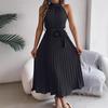 Women Elegant Stand Collar Sleeveless High Waist Pleated Solid Color Long Dress