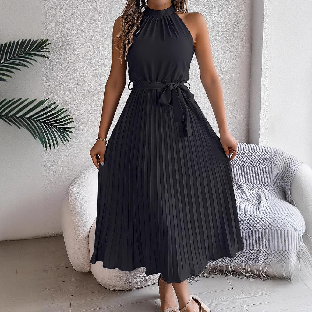 Women Elegant Stand Collar Sleeveless High Waist Pleated Solid Color Long Dress