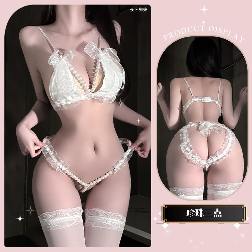 Sexy lingerie sexy lace three-point small chest shows big pearl seduction thong passion free women