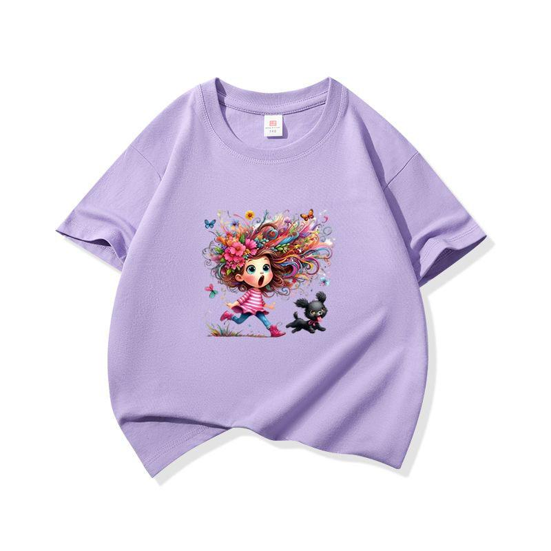Kids Cotton T Shirt Colorful Hair Girl Running With Black Puppy Print Crew Neck Short Sleeve Tee Casual Boys Girls Summer Tops