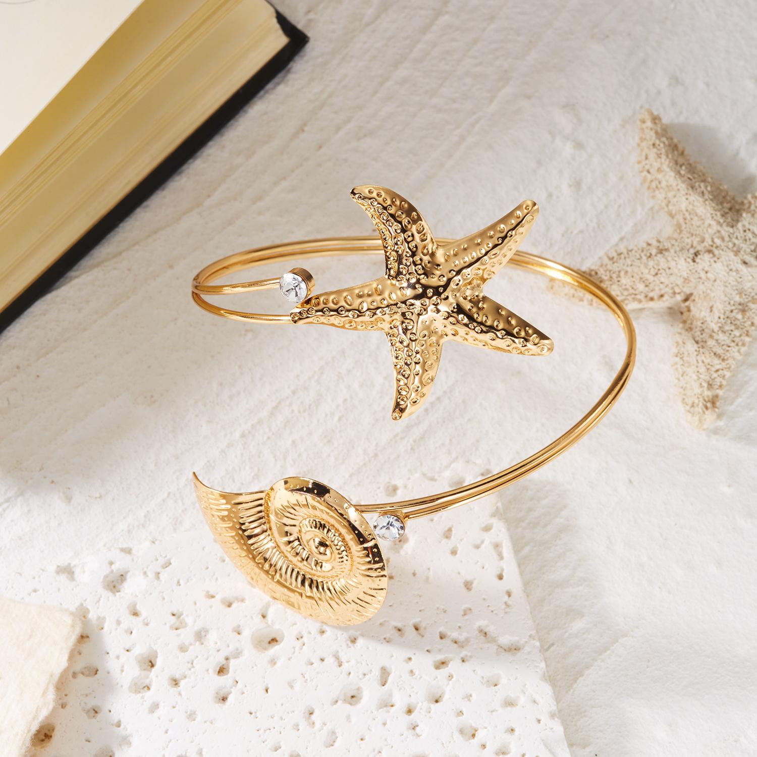Exaggerated Conch Starfish Cuff Adjustable Bracelet for Women Delicate Rhinestone Upper Arm Bracelet Beach Jewelry Gift