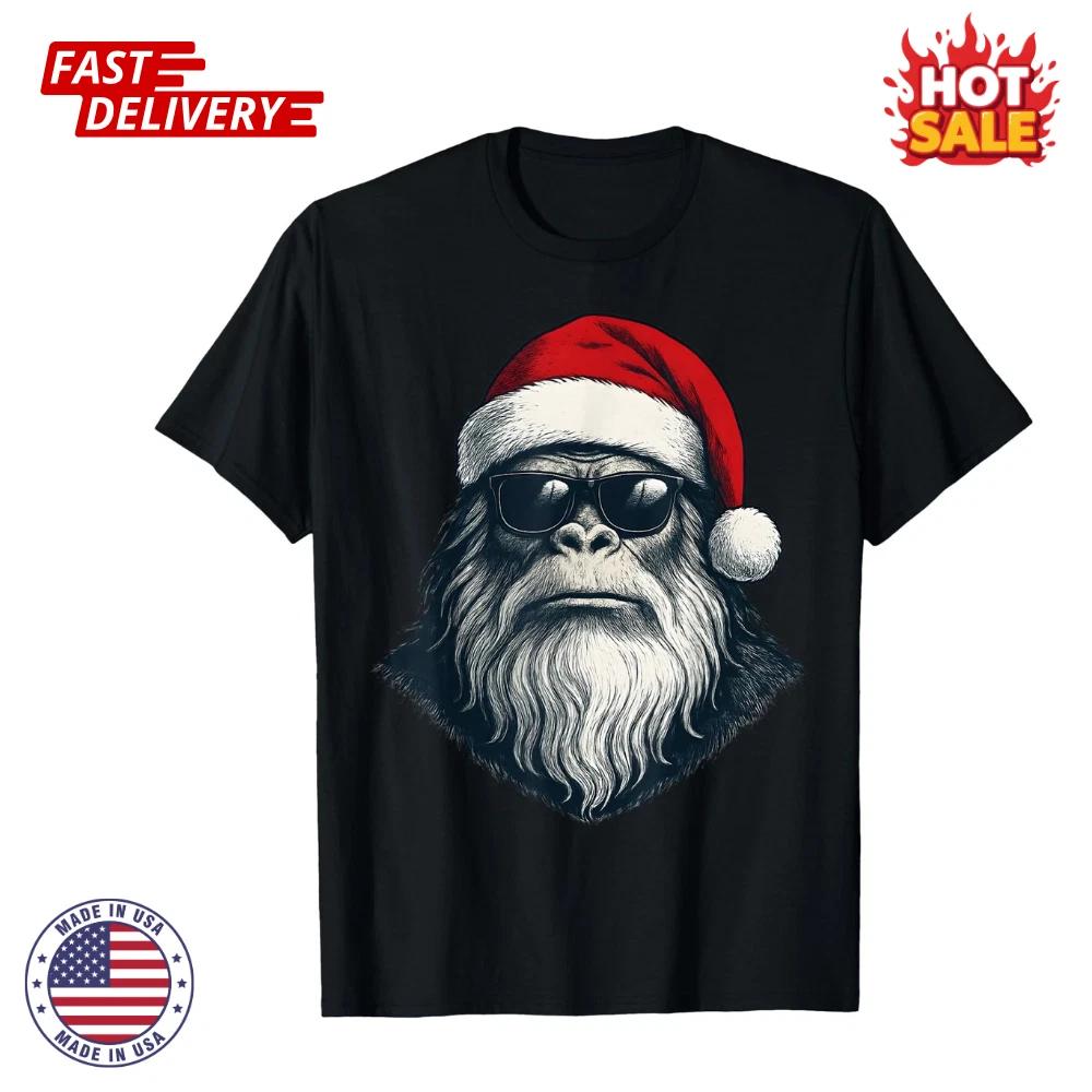 Bigfoot Face Sunglasses Santa Christmas Funny Xmas Sasquatch T-Shirt, UNISEX Tee XL