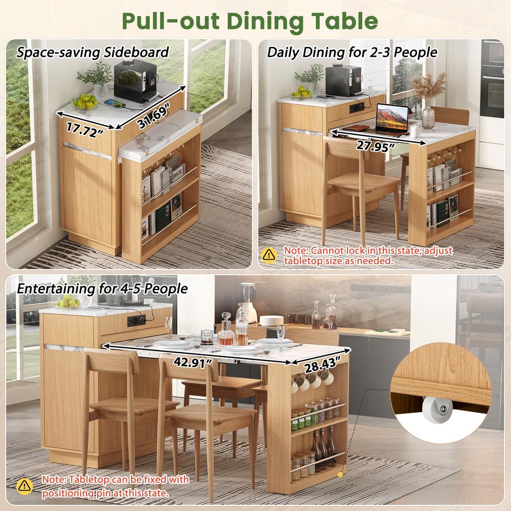 Îlot de cuisine avec roulettes, Table à manger extensible avec éclairage LED, Multiprises et crochets Sert de buffet ou de table de bar pour la salle à manger (Naturel)