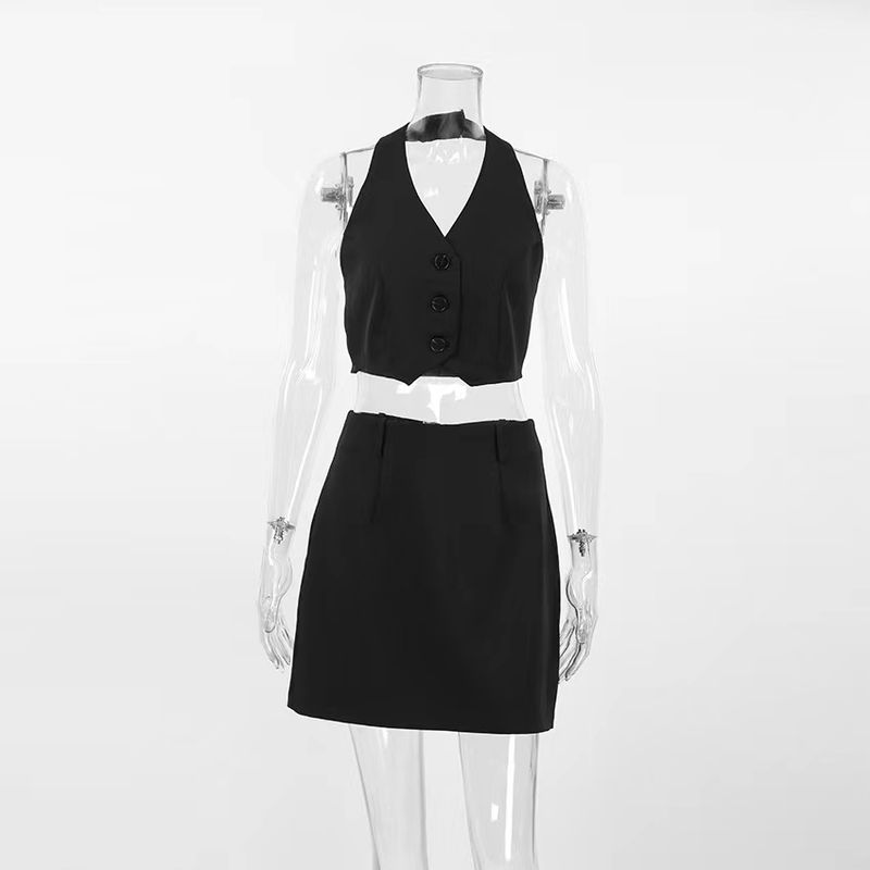 

Fashion Style Sexy Halterneck Vest Short Skirt Two-piece Set Hanging Neck Vest Half Skirt Set Black L