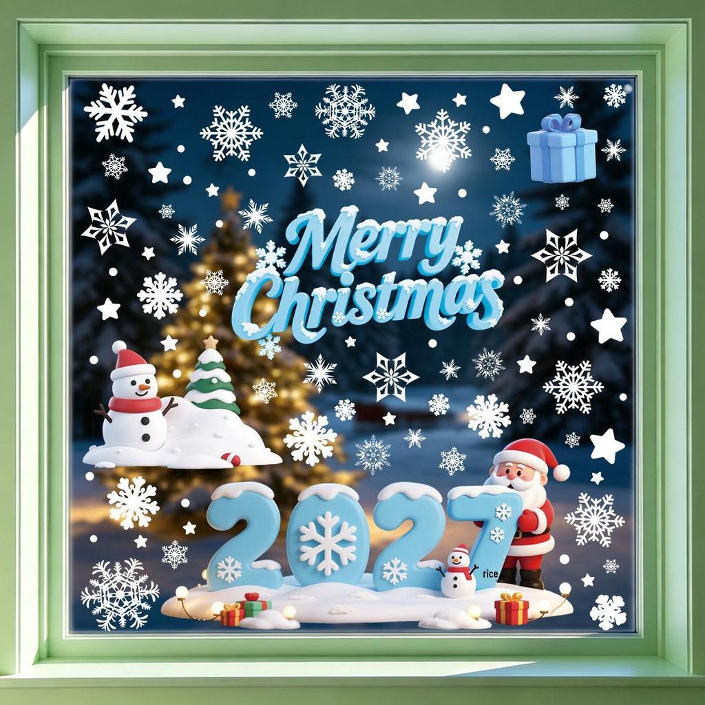 2027 Santa Claus & Snowflake Window Clings - Decorative Christmas Stickers for Glass & Walls