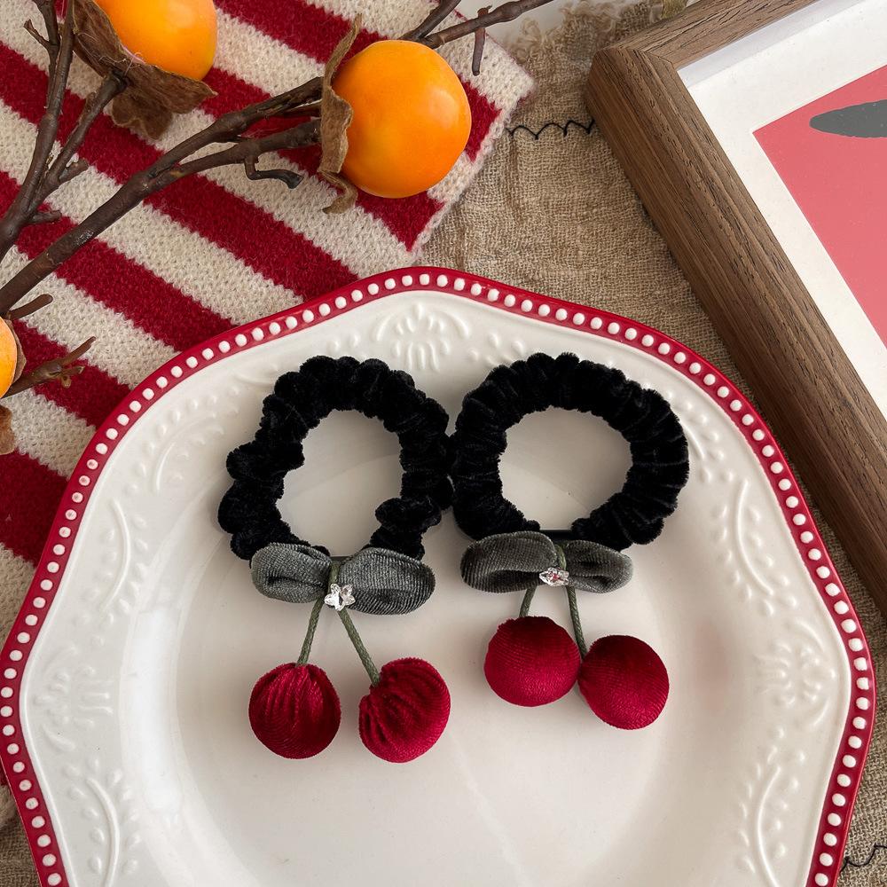 Velvet Scrunchies Elastic Hair Band Burgundy Cherry Fruit Hair Rope Tie Ponytail Holder Rubber Band Hair Accessories Headdress