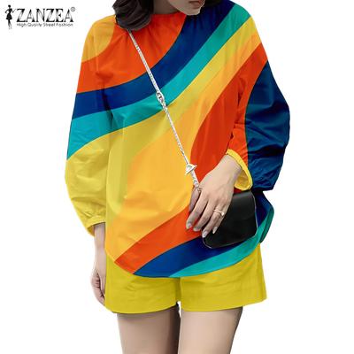 Women 3/4 Sleeve Print Blouse and Shorts Summer Two Piece Suit Sets