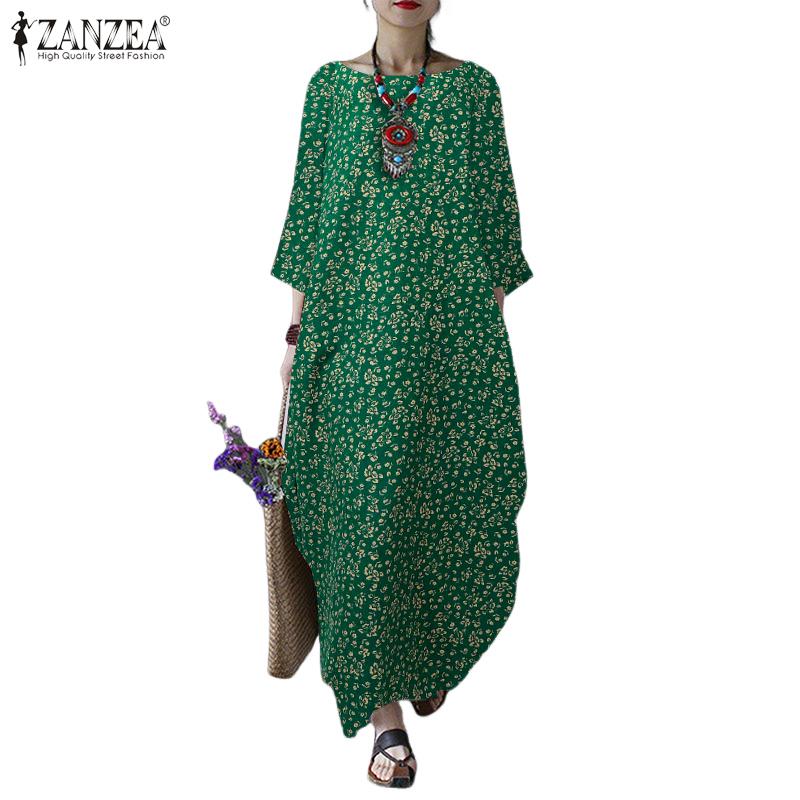 ZANZEA Women Floral Print Casual Round Neck 3/4 Sleeve Cotton Dress