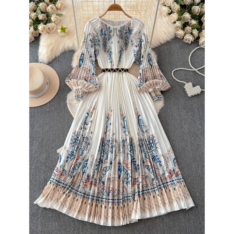 French Style Fancy Palace Style Print Dress Women's Autumn and Winter Lantern Sleeve Stylish Small Super Fairy Long Dress