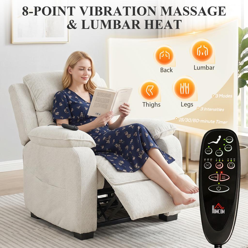 Power Recliner Armchair Massage Heat High Back Chair Cream White