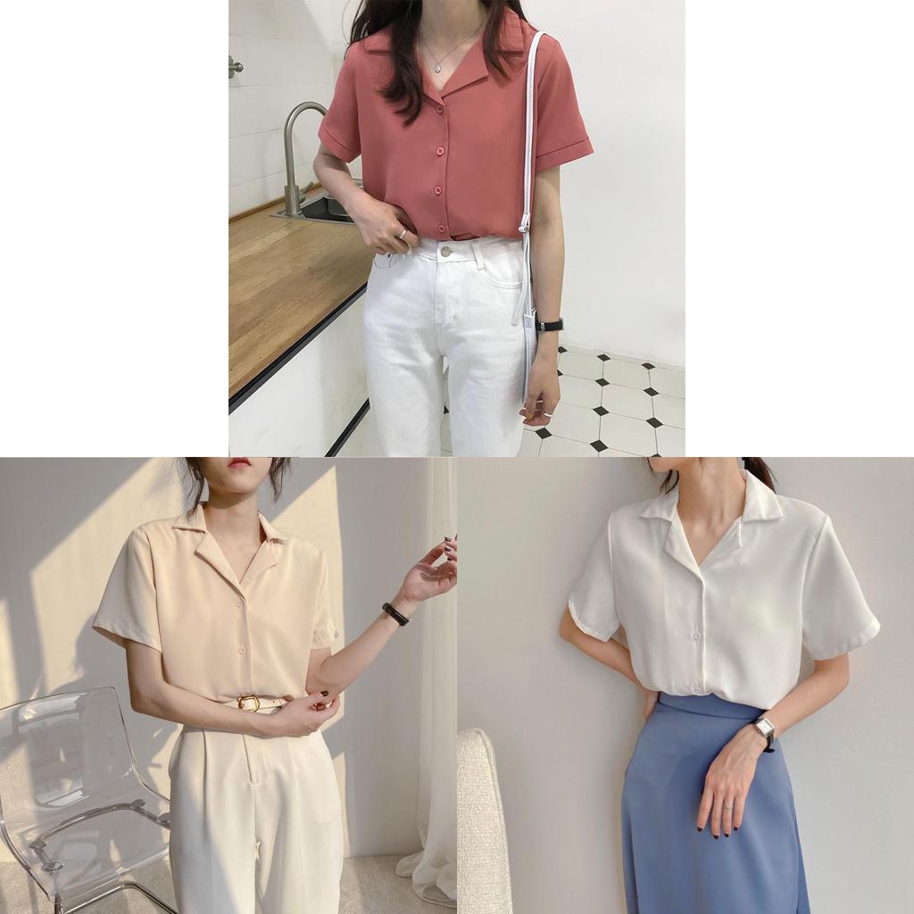 Womens Short Sleeve College Style Blouse With Splicing And Suit Collar For Summer Office Wear