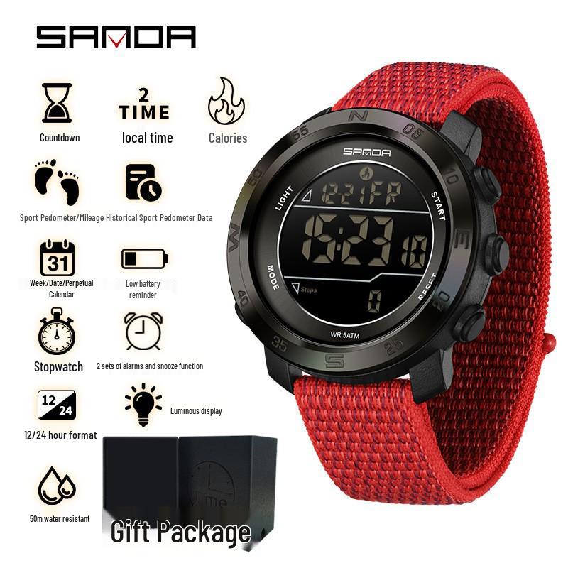 Sanda Sports Multifunctional Waterproof Pedometer Watch with Timer, Alarm, and Night Light