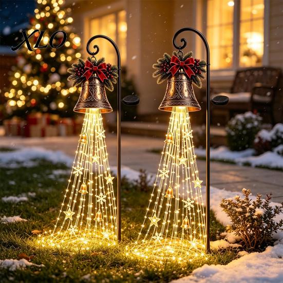 Snowman Bell Pendant Lamps Solar Powered Christmas Garden Light, Outdoor Metal Stake Pathway Lights for Yard Star Snowflake Waterfall String