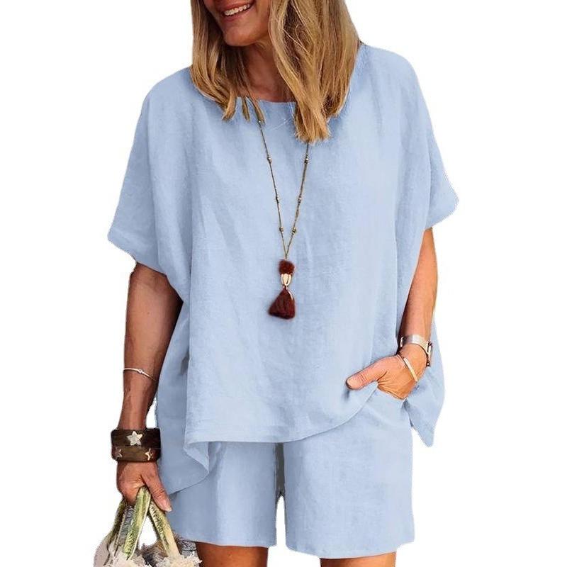 women's Solid Color Batwing Short Sleeve Loose Top High Waist Casual Shorts Summer Two Piece Outfit Set