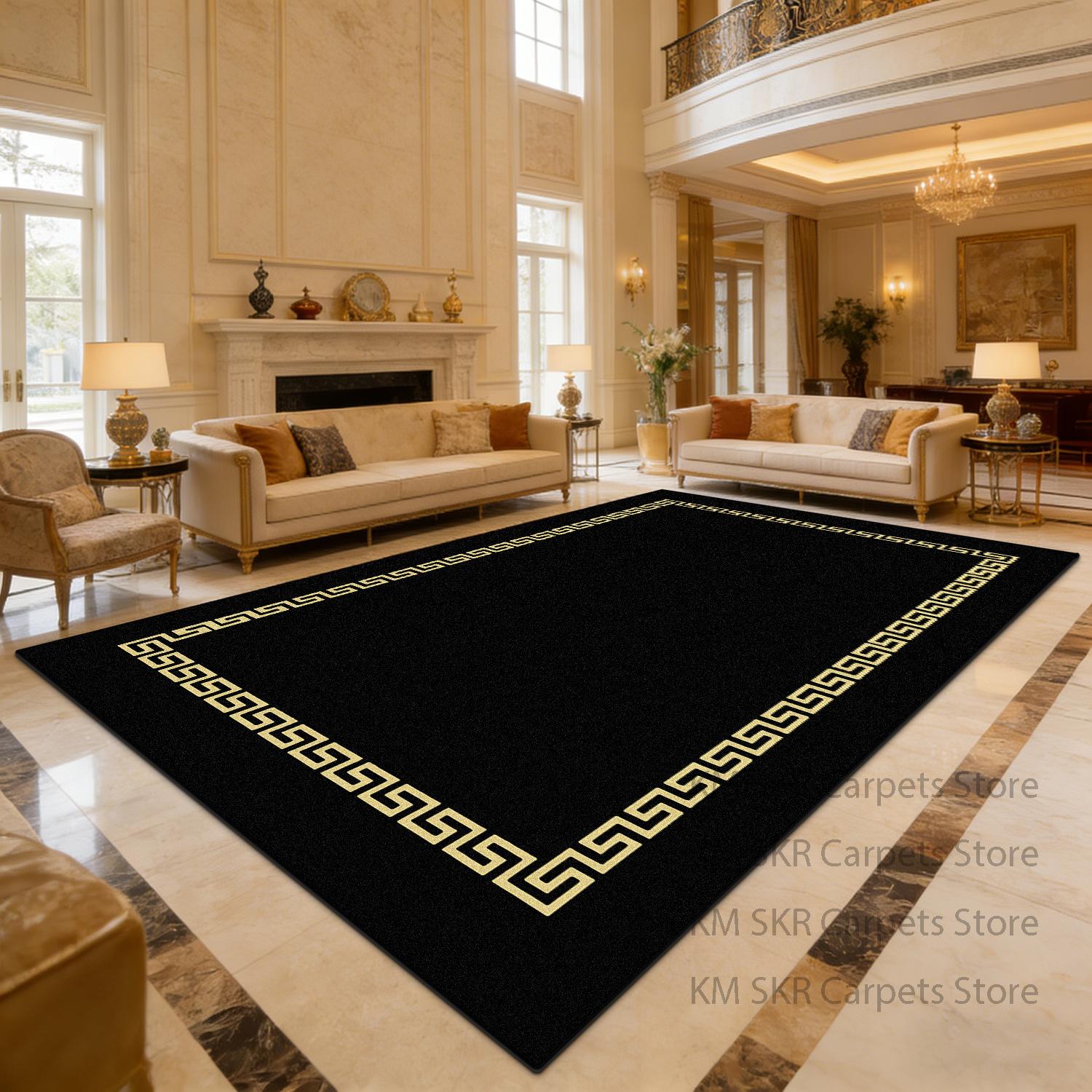 

Modern Black Parlor Carpet Decoration Home Washable Non-slip Dining Room Kitchen Rug Soft Plush Greek Key Pattern Bedroom Mat 60x90cm