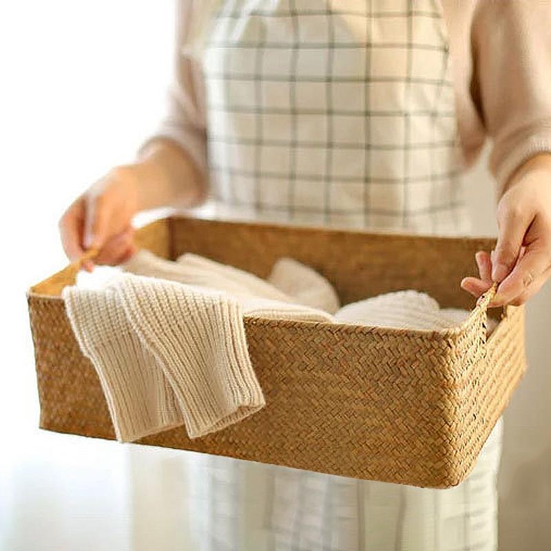 Rattan storage basket woven storage box with handle eco- Sundries organizer box Straw closet Wardrobe organizer Panier Rangement